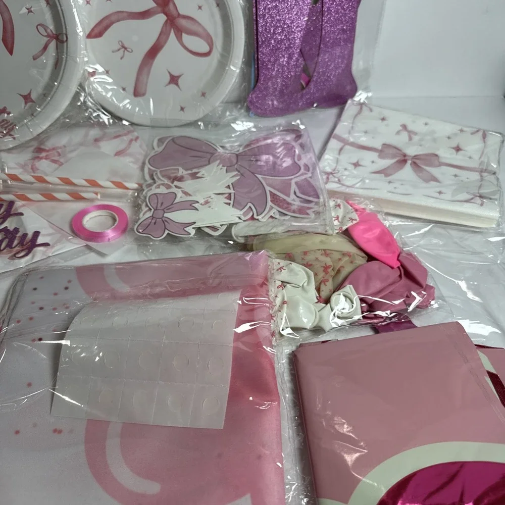 Pink bow happy birthday decoration set, Backdrop Balloons and serving set for 10